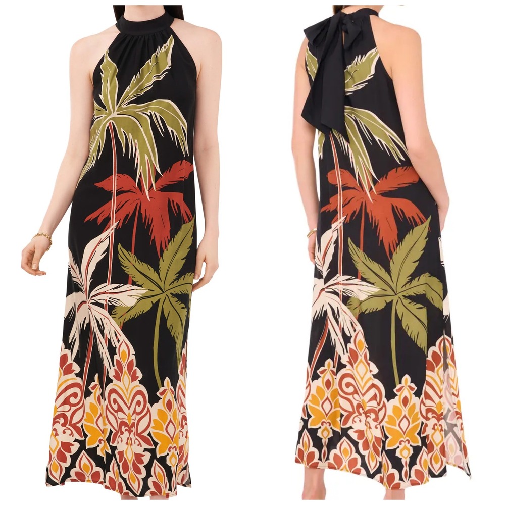 Tropical Palm Tree Floral Halter Maxi Dress Black‎ Orange Green Medium